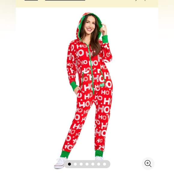 Tipsy Elves One Piece Ho Ho Ho Unisex Jumpsuit Zip Up XL Hooded Red Green NWT - Picture 1 of 8